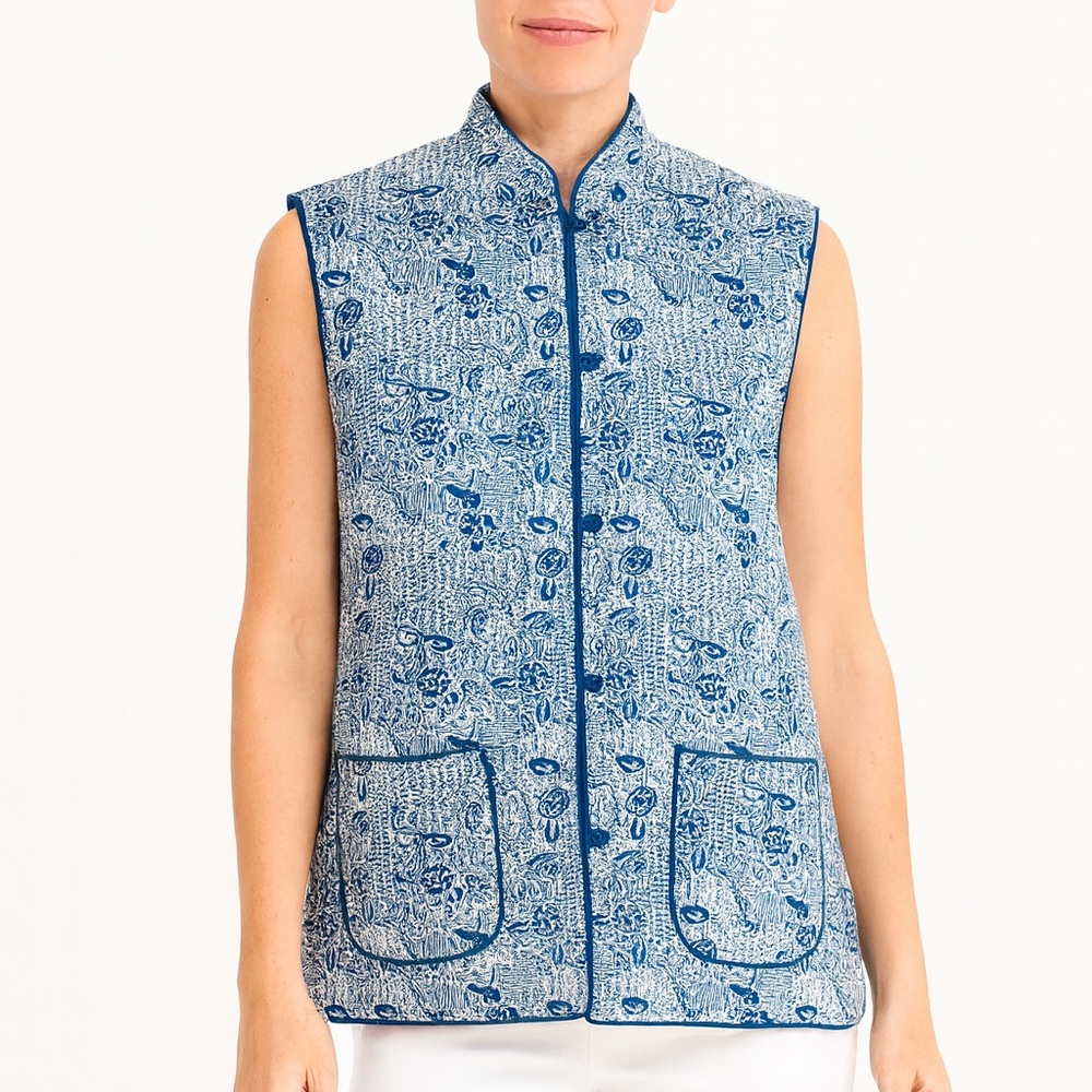 Julia Amory Quilted Wellington Vest Size XS Blue White Reversible Chic Fall